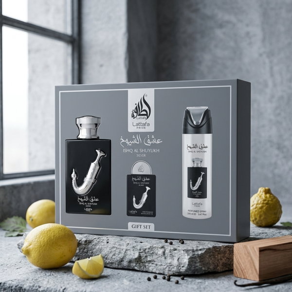 LATTAFA PRIDE ISHQ  AL SHUYUKH SILVER 3PC  GIFT SET