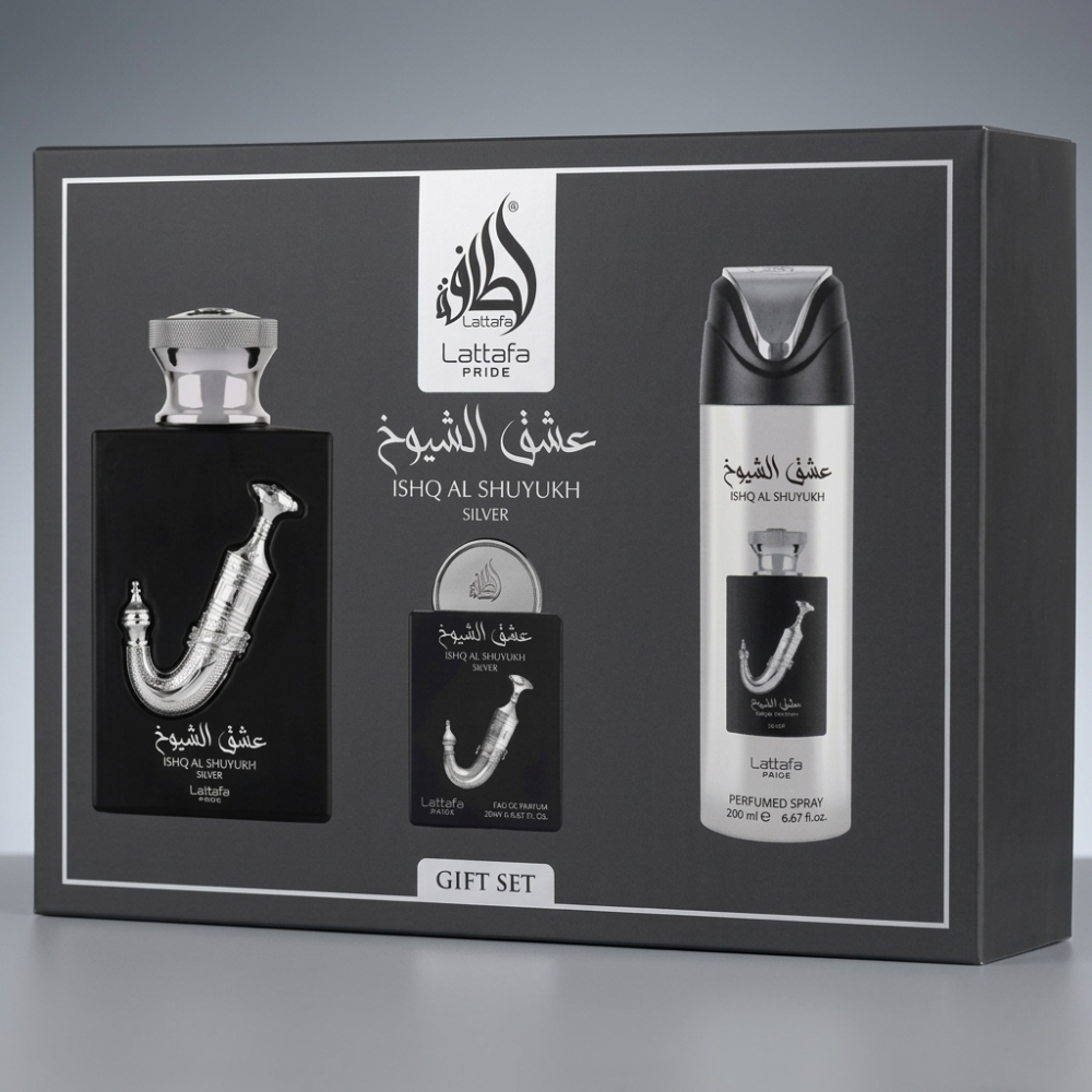 LATTAFA PRIDE ISHQ  AL SHUYUKH SILVER 3PC  GIFT SET
