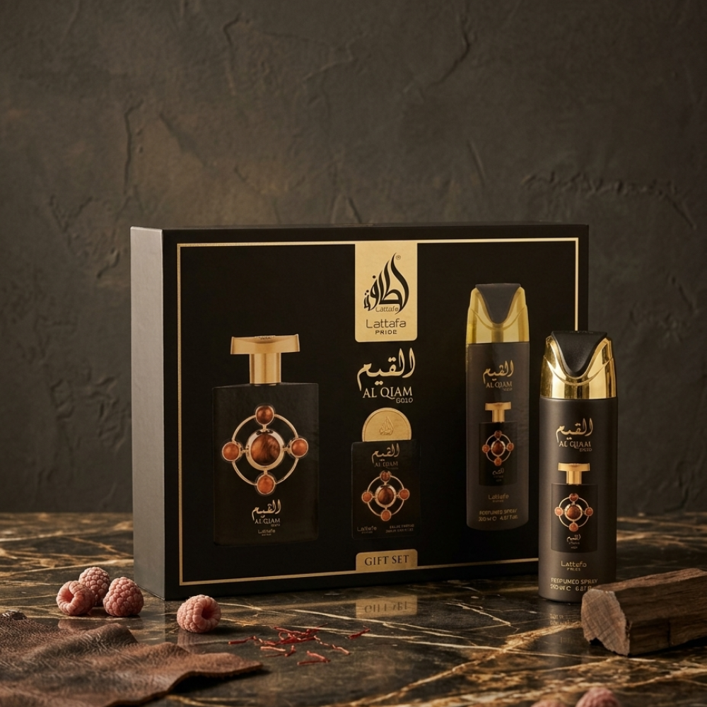 LATTAFA  PRIDE AL QIAM GOLD 3PC GIFT SET 100ML EDP + 20ML EDP + 200ML PERFUMED SPRAY