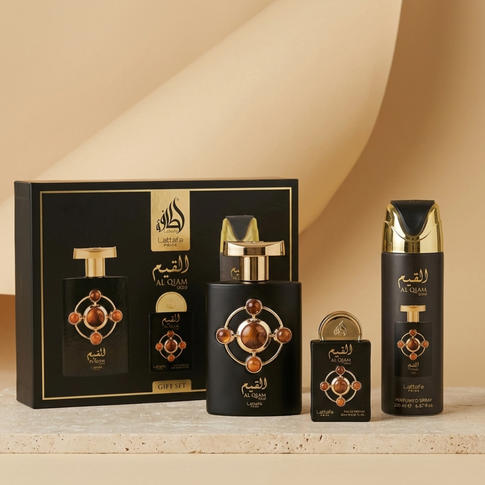 LATTAFA  PRIDE AL QIAM GOLD 3PC GIFT SET 100ML EDP + 20ML EDP + 200ML PERFUMED SPRAY