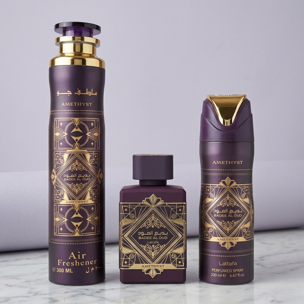 LATTAFA BADEE AL OUD AMETHYST WOMEN 3 PSC GIFT SET WITH 100ML EDP + 200ML DEO + 300ML AIR FRESHNER