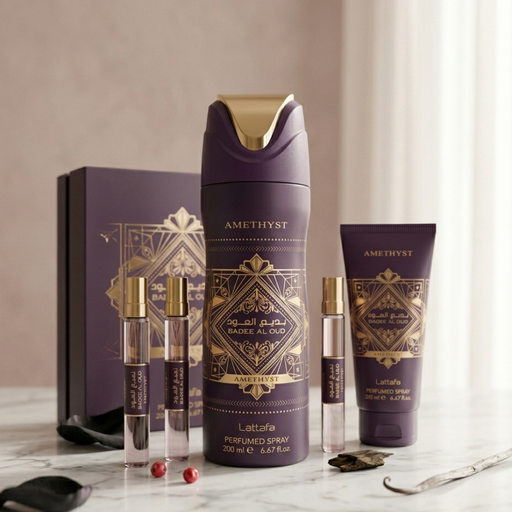 LATTAFA BADEE AL OUD AMETHYST WOMEN 3 PSC GIFT SET WITH 100ML EDP + 200ML DEO + 300ML AIR FRESHNER
