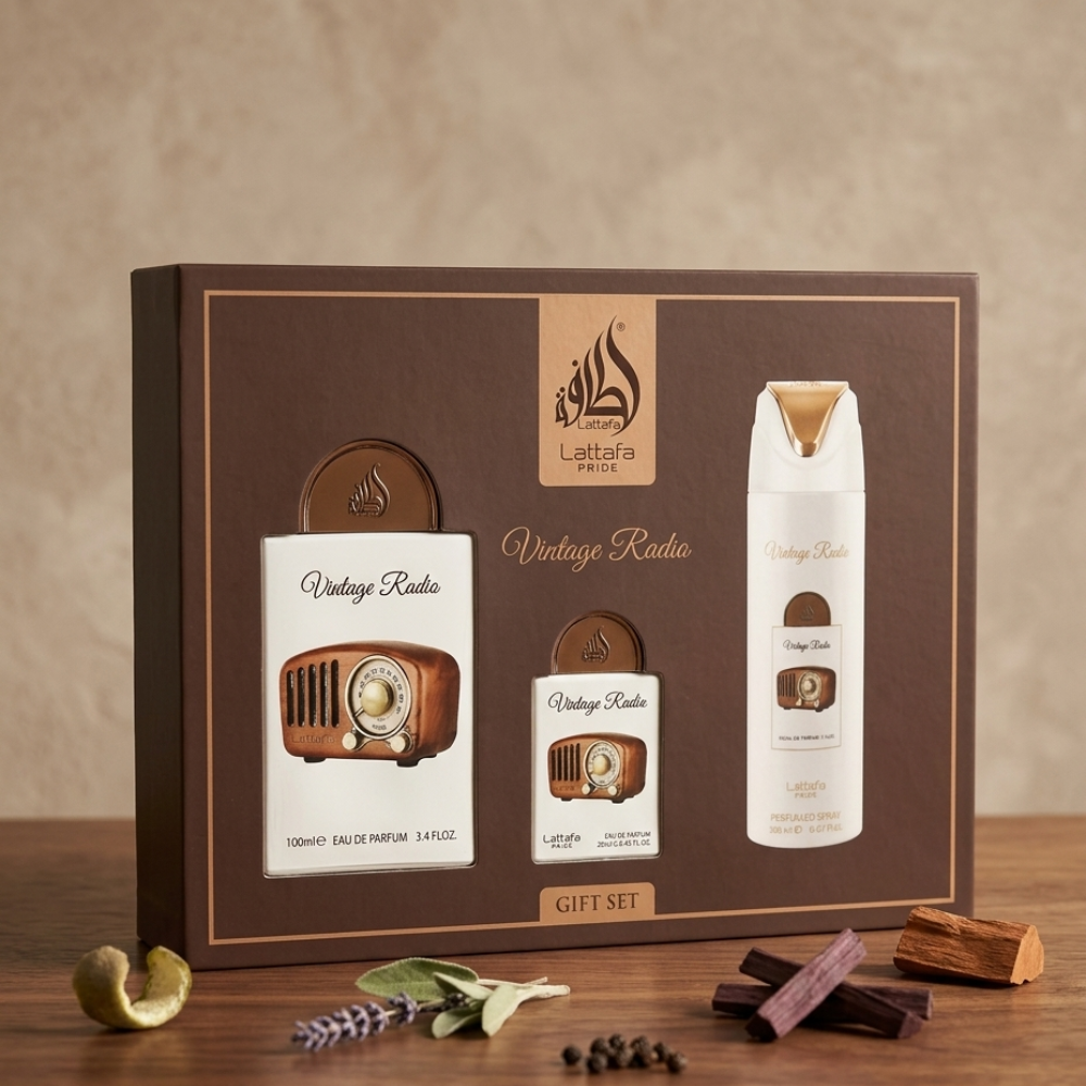 LATTAFA PRIDE VINTAGE RADIO 3PC GIFT SET 100ML EDP + 20ML EDP + 200ML PERFUMED SPRAY