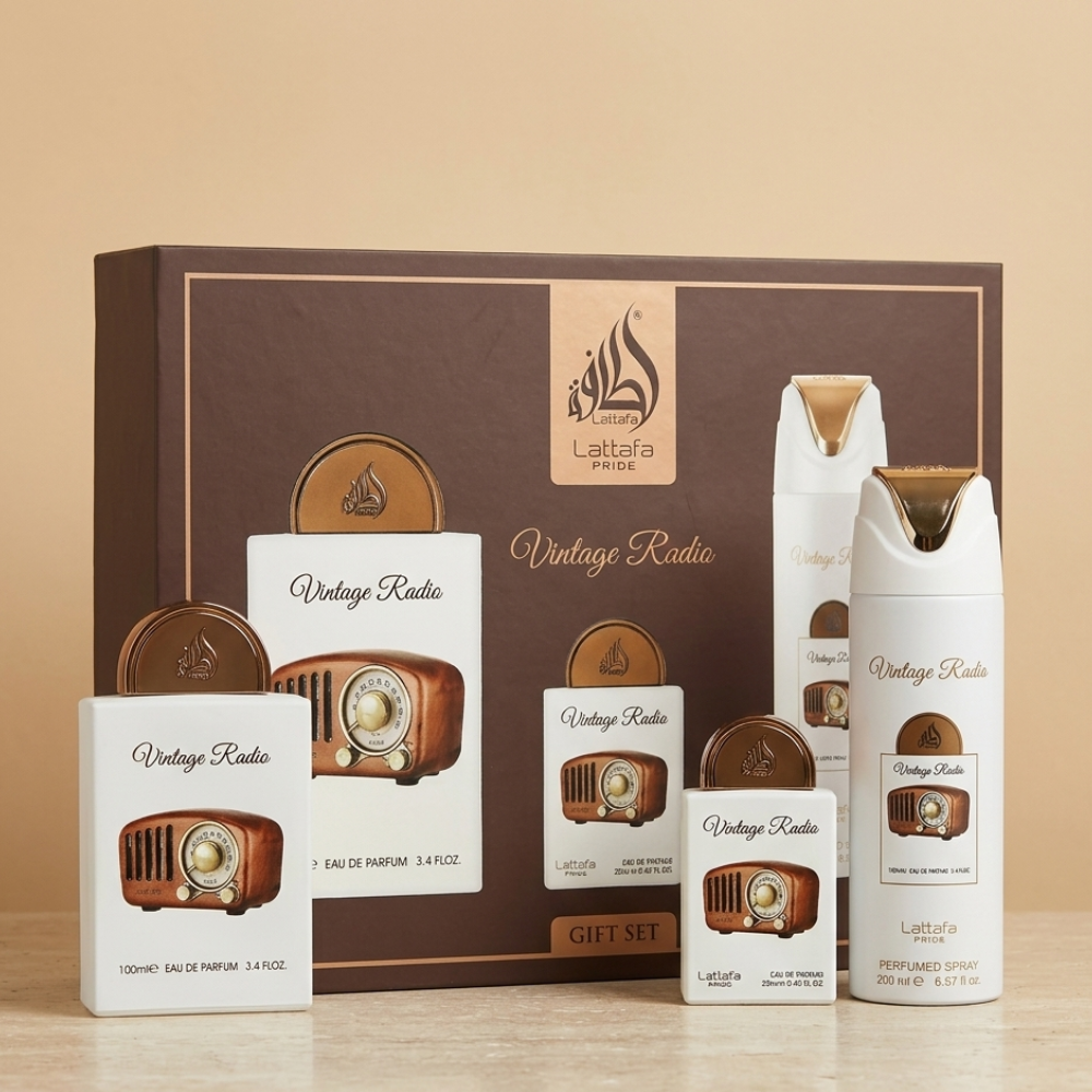 LATTAFA PRIDE VINTAGE RADIO 3PC GIFT SET 100ML EDP + 20ML EDP + 200ML PERFUMED SPRAY