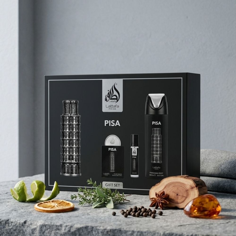 LATTAFA PRIDE PISA  3PC GIFT SET 100ML EDP + 20ML EDP + 200ML PERFUMED SPRAY