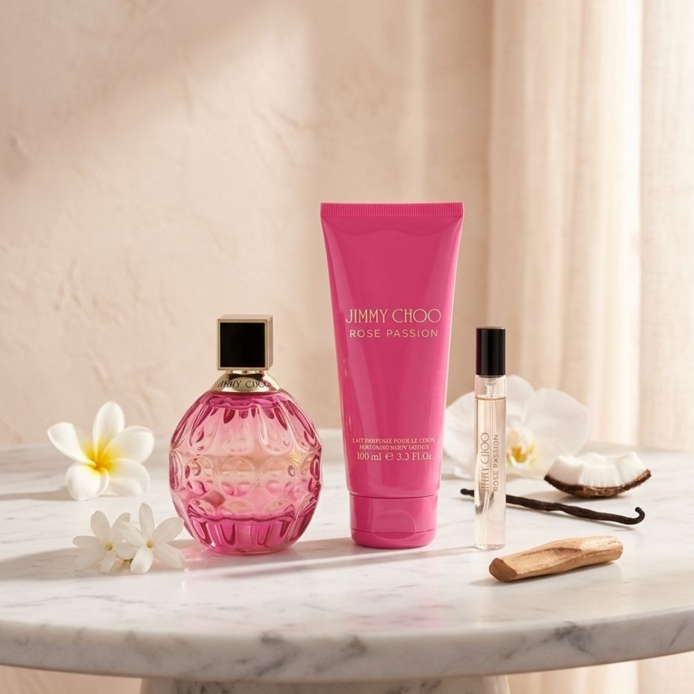 JIMMY CHOO ROSE PASSION WOMEN 3PSC SET WITH 100ML EDP + 100ML B/L + 8ML EDP